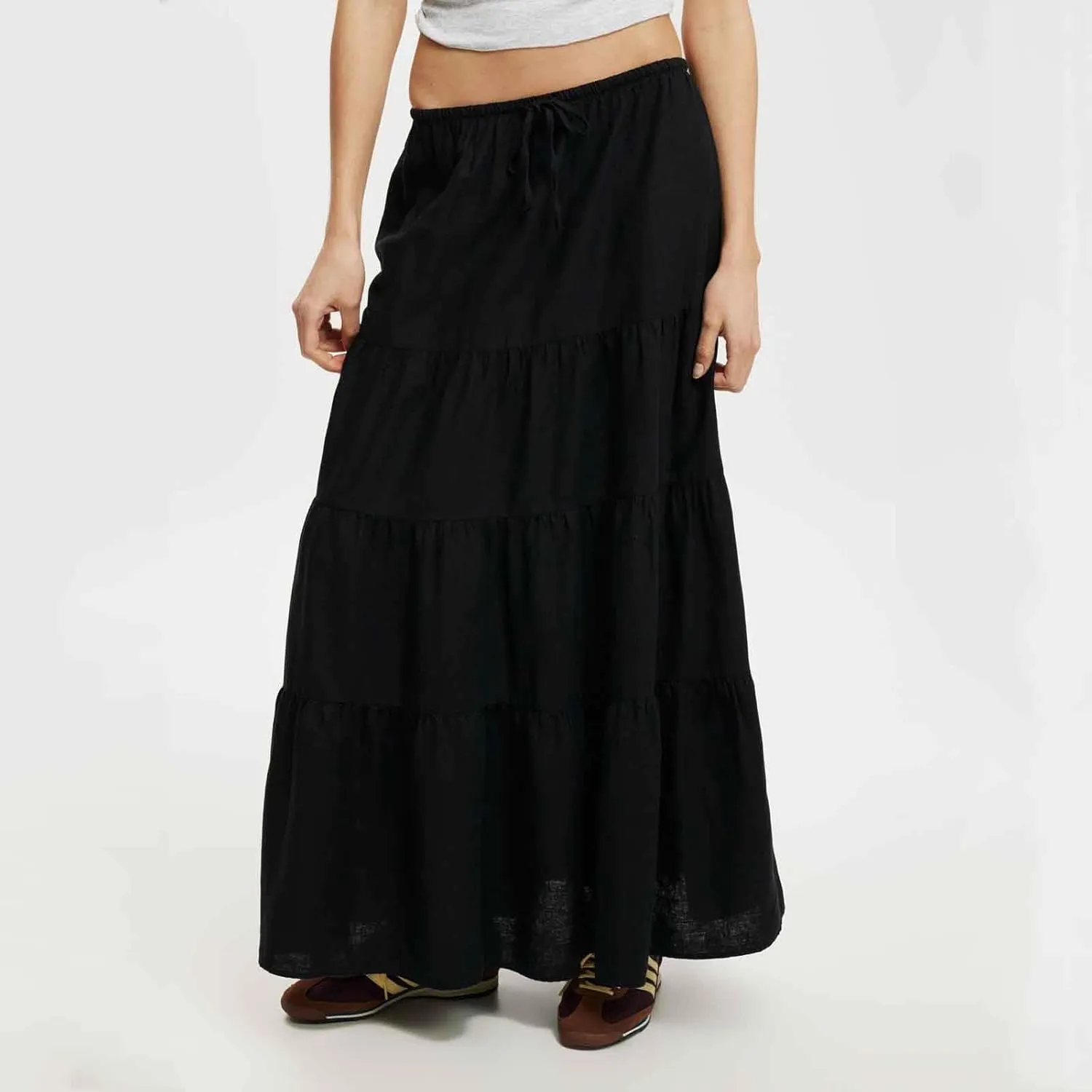 Womens Boho Maxi Skirt Solid Ruffle Swing Elastic High Waisted Pleated Flowy Skirts 2025 Trendy Summer Beach Skorts