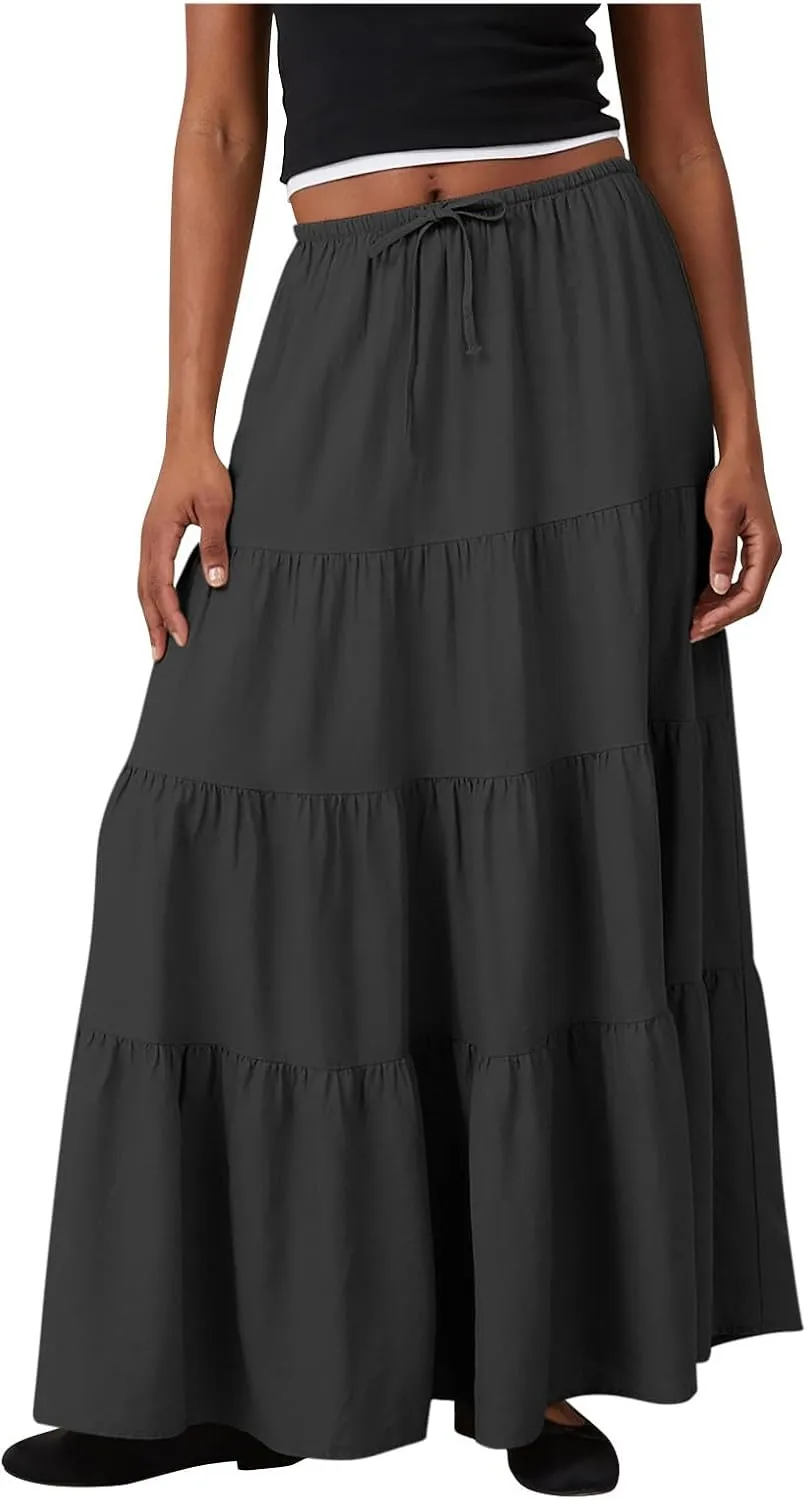 Womens Boho Maxi Skirt Solid Ruffle Swing Elastic High Waisted Pleated Flowy Skirts 2025 Trendy Summer Beach Skorts