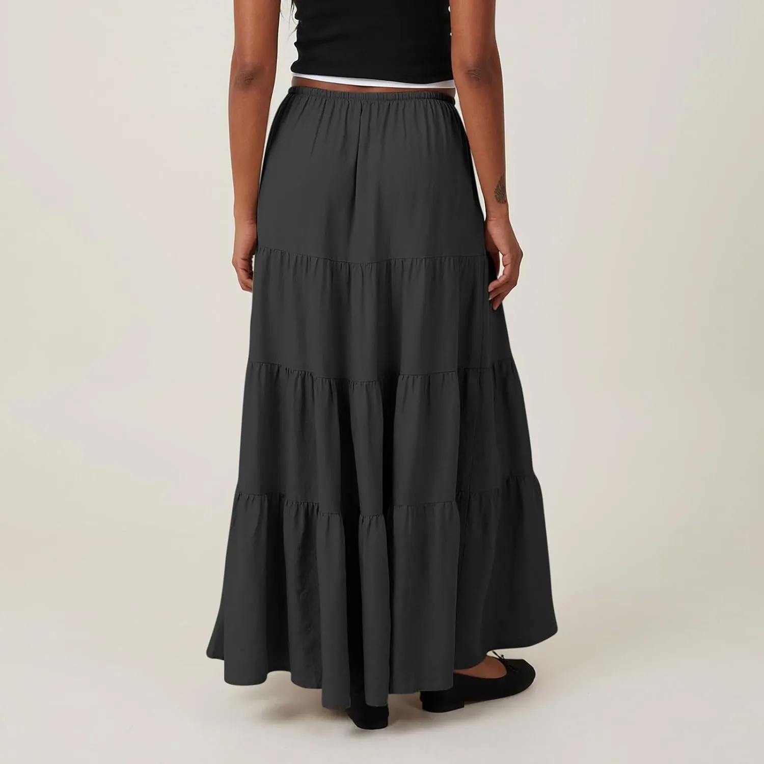Womens Boho Maxi Skirt Solid Ruffle Swing Elastic High Waisted Pleated Flowy Skirts 2025 Trendy Summer Beach Skorts
