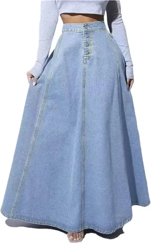 Women's Button-Down Denim Zipper Denim Skirt Vintage High-Waisted A-Line Jeans Skirts