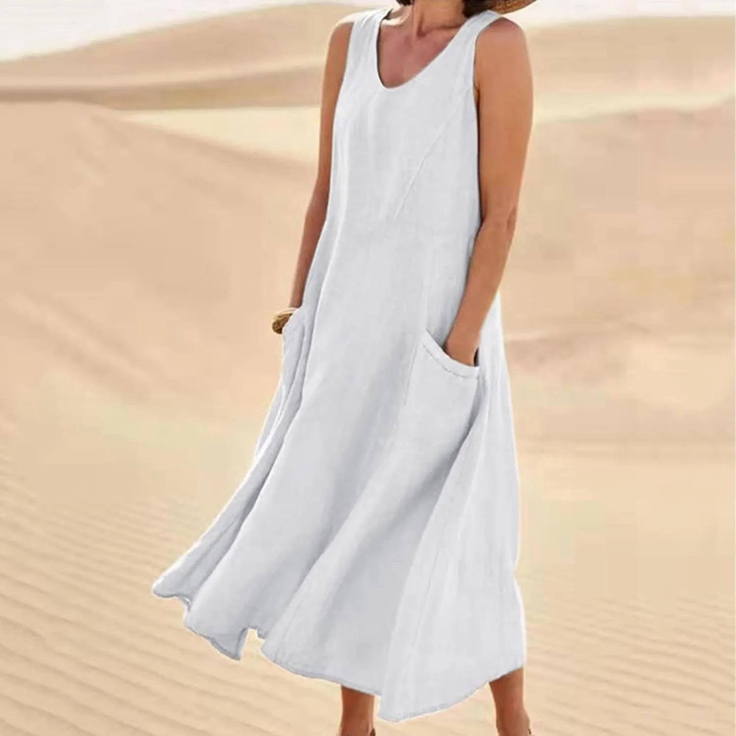 Women's Casual Dresses Trendy 2024 Cotton Linen Sleeveless Midi Tank Dresses Maxi T-Shirts Sundresses with Pockets