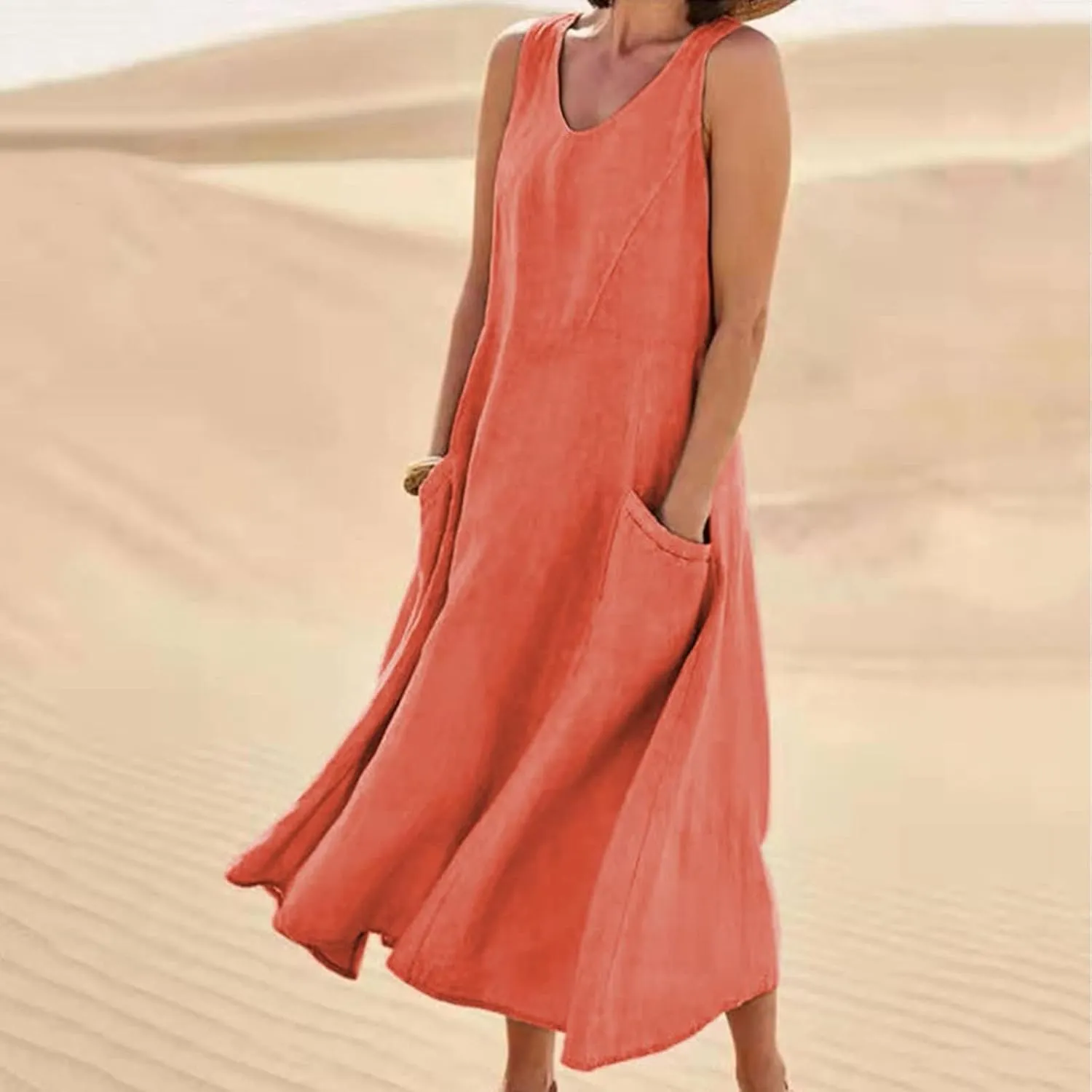 Women's Casual Dresses Trendy 2024 Cotton Linen Sleeveless Midi Tank Dresses Maxi T-Shirts Sundresses with Pockets