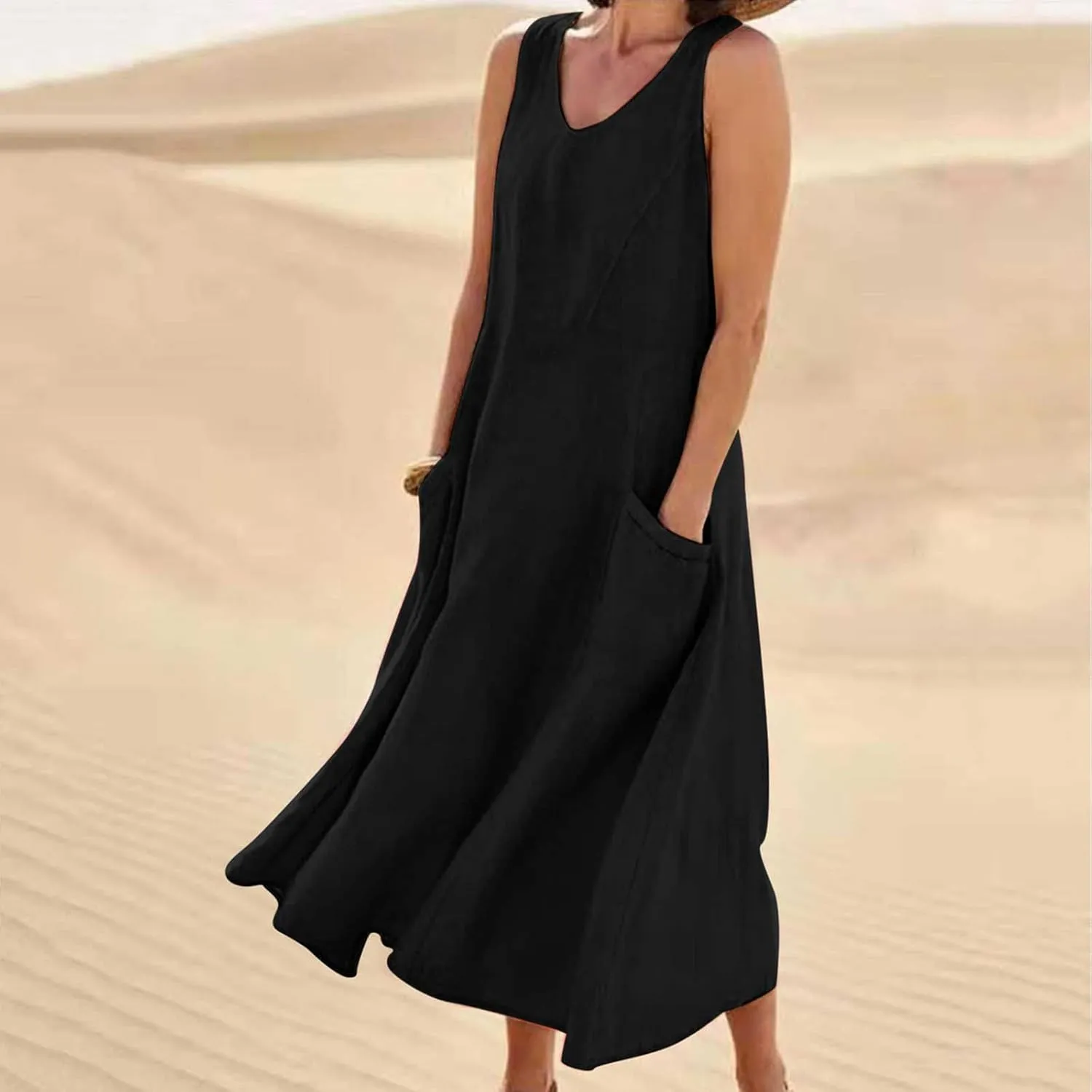 Women's Casual Dresses Trendy 2024 Cotton Linen Sleeveless Midi Tank Dresses Maxi T-Shirts Sundresses with Pockets