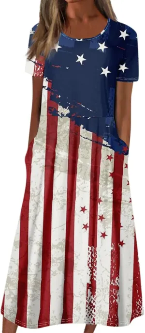 Women's Casual Star Print Midi Dress with Pockets,Short Sleeve Loose Fit Comfortable Summer Wear