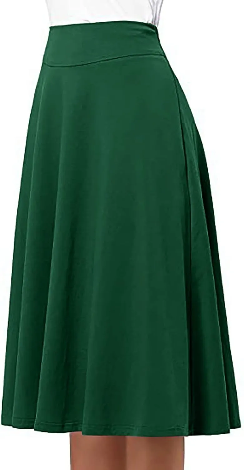 Women's Elastic High Waist Midi Skirt Solid Color Casual Skirt Plus Size Loose Beach Skirt with Pockets