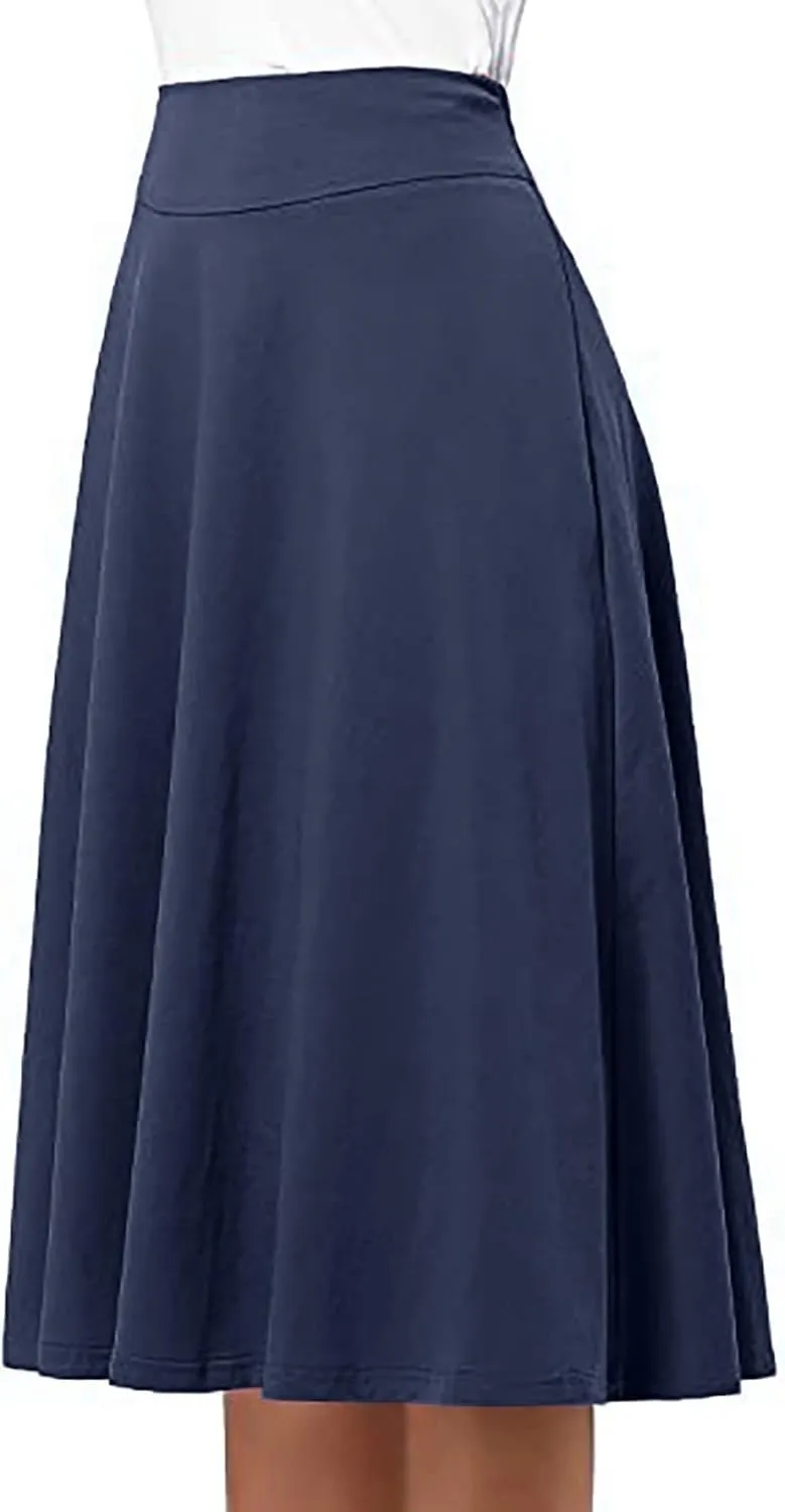 Women's Elastic High Waist Midi Skirt Solid Color Casual Skirt Plus Size Loose Beach Skirt with Pockets