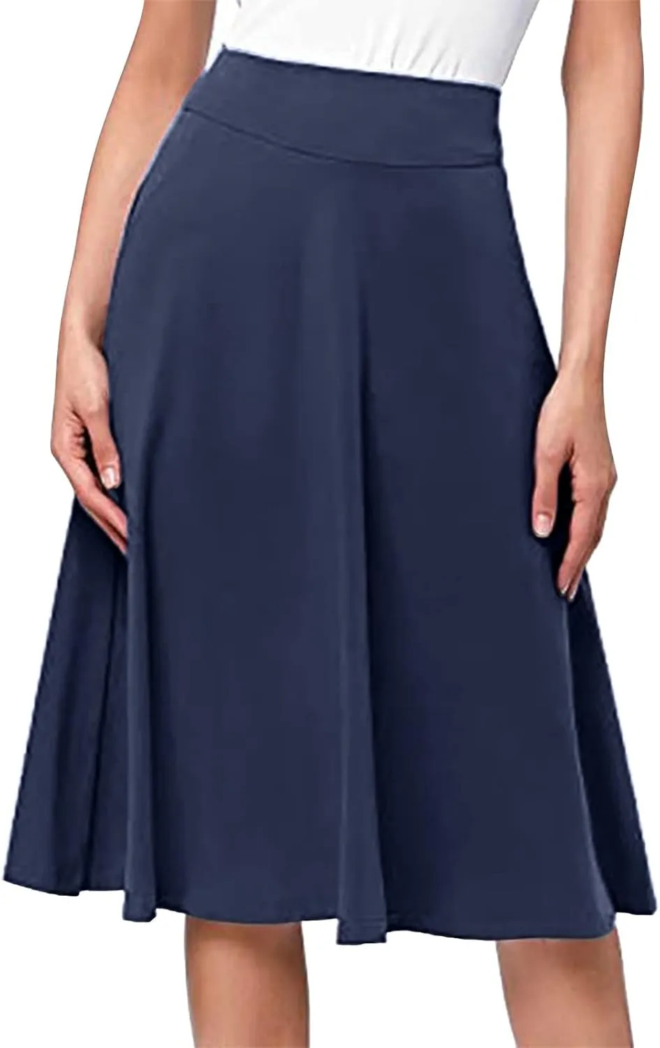 Women's Elastic High Waist Midi Skirt Solid Color Casual Skirt Plus Size Loose Beach Skirt with Pockets
