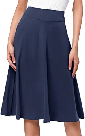 Women's Elastic High Waist Midi Skirt Solid Color Casual Skirt Plus Size Loose Beach Skirt with Pockets