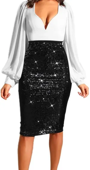 Women's Fashion Slim Fit High Waist Sparkly Sequins Midi Skirts Pencil Stretchy Bodycon Glitter Cocktail Party Skirt