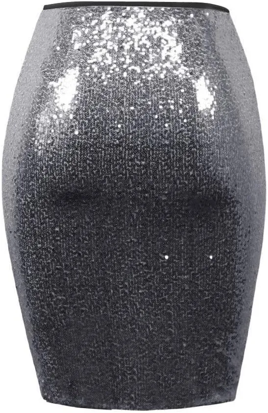 Women's Fashion Slim Fit High Waist Sparkly Sequins Midi Skirts Pencil Stretchy Bodycon Glitter Cocktail Party Skirt
