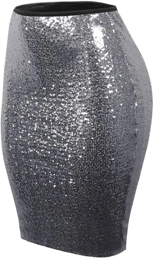 Women's Fashion Slim Fit High Waist Sparkly Sequins Midi Skirts Pencil Stretchy Bodycon Glitter Cocktail Party Skirt