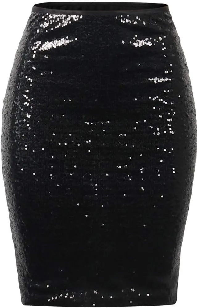 Women's Fashion Slim Fit High Waist Sparkly Sequins Midi Skirts Pencil Stretchy Bodycon Glitter Cocktail Party Skirt