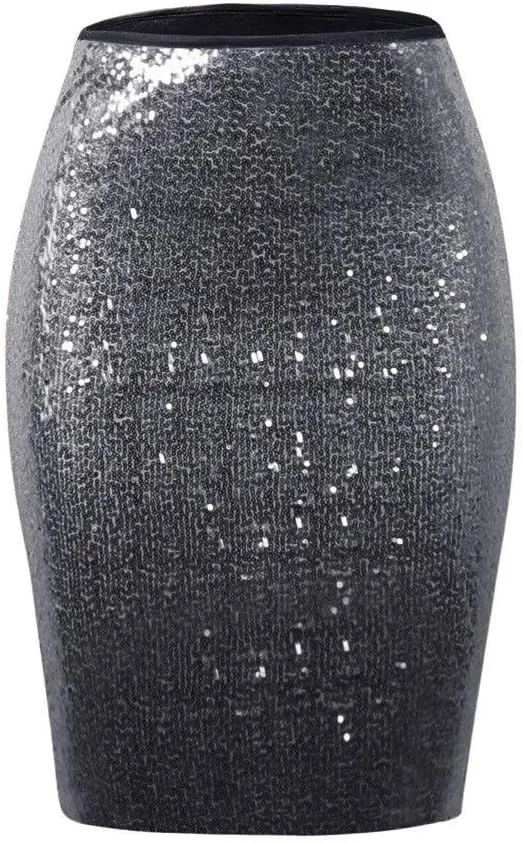 Women's Fashion Slim Fit High Waist Sparkly Sequins Midi Skirts Pencil Stretchy Bodycon Glitter Cocktail Party Skirt