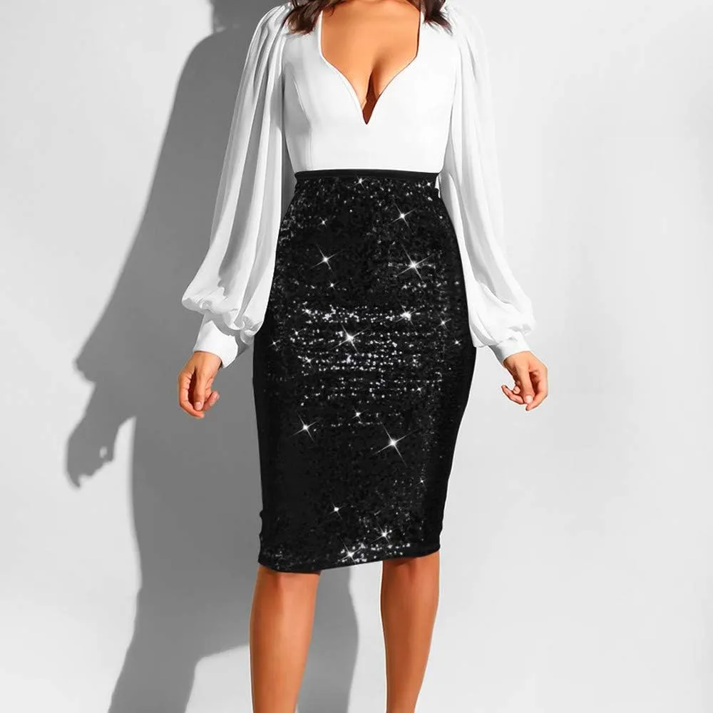 Women's Fashion Slim Fit High Waist Sparkly Sequins Midi Skirts Pencil Stretchy Bodycon Glitter Cocktail Party Skirt