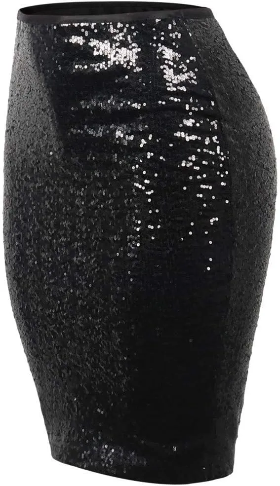 Women's Fashion Slim Fit High Waist Sparkly Sequins Midi Skirts Pencil Stretchy Bodycon Glitter Cocktail Party Skirt