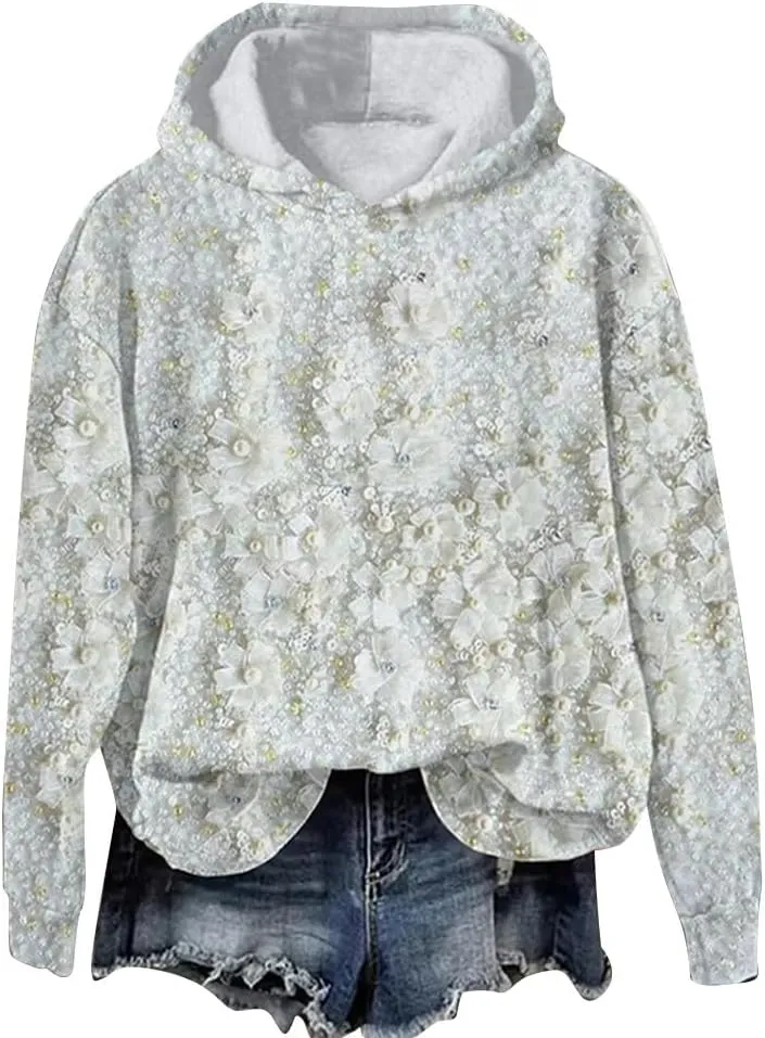 Womens Floral Lace Hoodie Elegant Pullover Sweatshirt Soft Fleece Oversized Lounge Fall Winter Athleisure Streetwear
