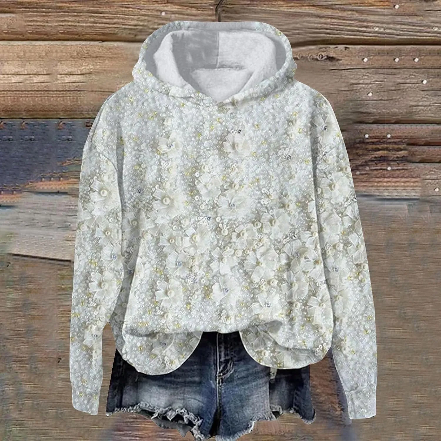 Womens Floral Lace Hoodie Elegant Pullover Sweatshirt Soft Fleece Oversized Lounge Fall Winter Athleisure Streetwear