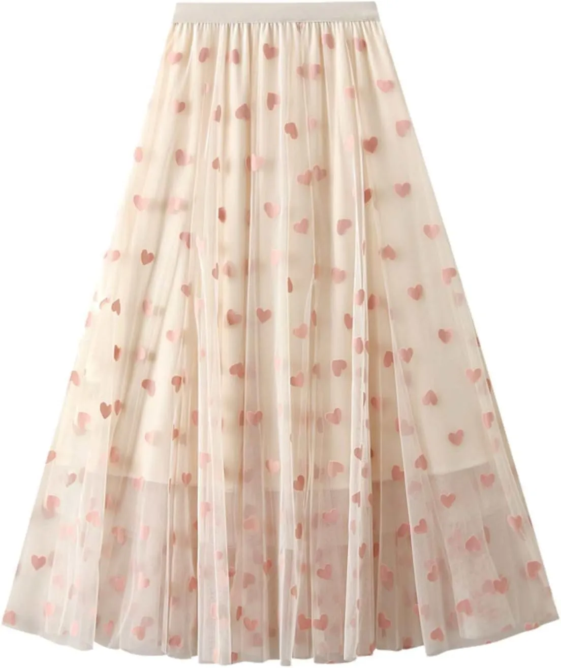 Women's Heart Print Mesh Pleated Midi Skirt High Waist A-Line Flowy Tulle Layered Long Skirts