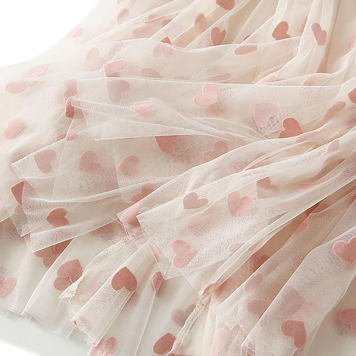 Women's Heart Print Mesh Pleated Midi Skirt High Waist A-Line Flowy Tulle Layered Long Skirts