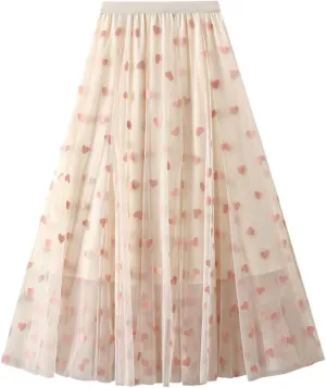Women's Heart Print Mesh Pleated Midi Skirt High Waist A-Line Flowy Tulle Layered Long Skirts