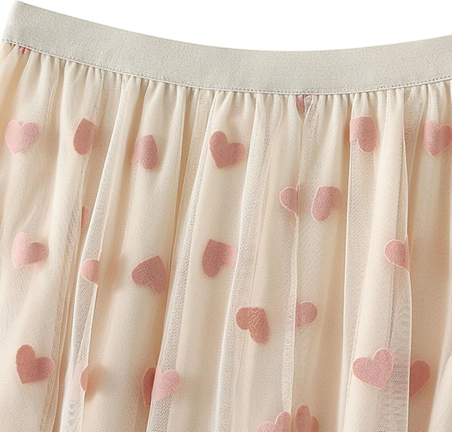 Women's Heart Print Mesh Pleated Midi Skirt High Waist A-Line Flowy Tulle Layered Long Skirts