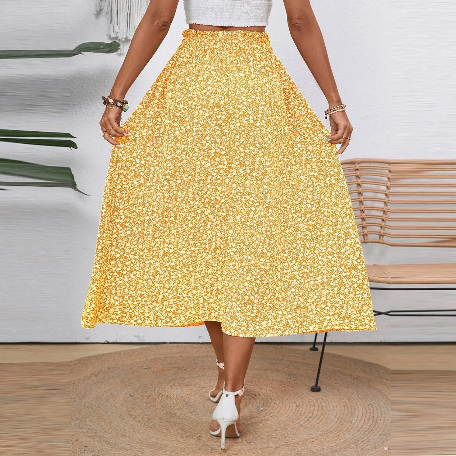 Women's High Elastic Waist Midi Skirt Casual Summer Trendy Tie Front Flowy Ruffle Floral Print A line Skirts