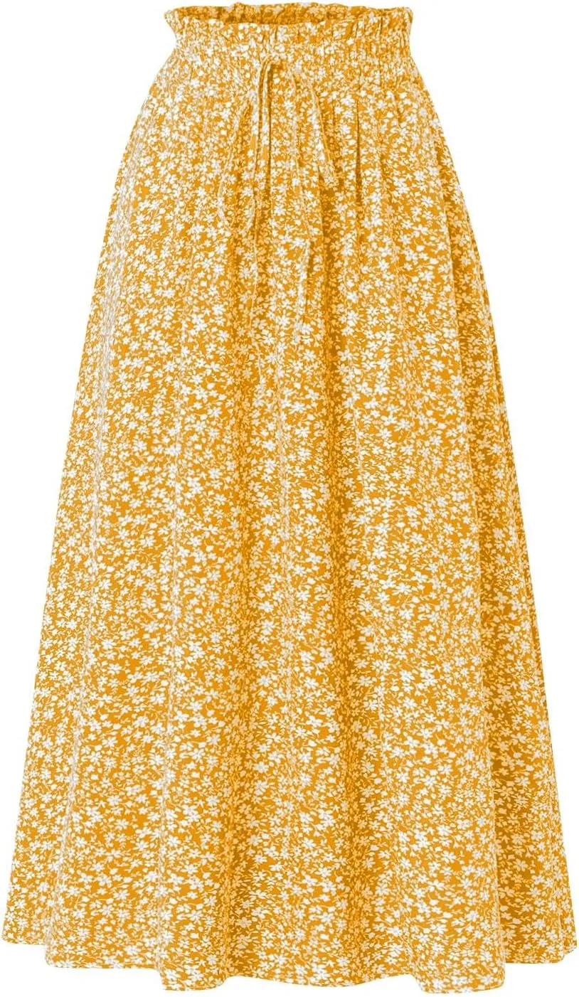Women's High Elastic Waist Midi Skirt Casual Summer Trendy Tie Front Flowy Ruffle Floral Print A line Skirts
