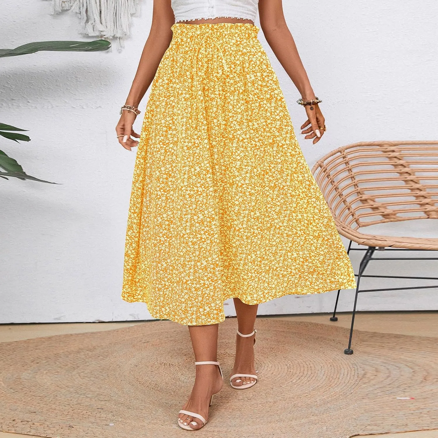 Women's High Elastic Waist Midi Skirt Casual Summer Trendy Tie Front Flowy Ruffle Floral Print A line Skirts