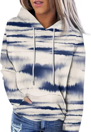 Womens Hoodies Casual Long Sleeve Drawstring Plaid Print Pullover Tops Loose Hooded Sweatshirt with Pocket