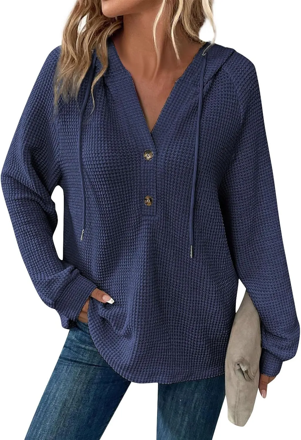 Womens Hoodies Hoodies for Women Waffle Knit Drawstring Button V Neck Long Sleeve Casual Pullover Sweatshirt Hooded Tops