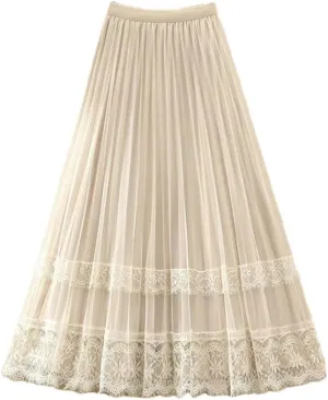 Women's Korean Fashion Lace Gauze Patchwork Pleated Skirt Spring Summer High Waist A-Line Midi Skirts