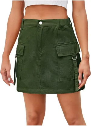 Womens Mini Denim Skirts High Waisted Jean Skirt Elastic Stretchy Cargo Skirts Casual A Line Skirts with Pocket