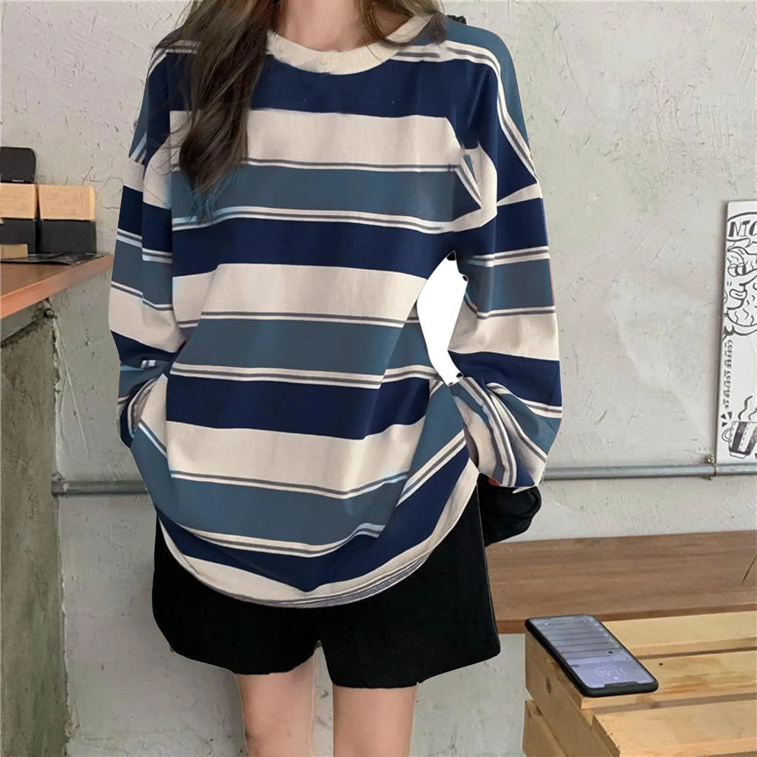 Womens Oversized Sweatshirts Harajuku Baggy Shirts Grunge Tomboy Clothes Stripe Casual Long Sleeve Crewneck Fall Tops