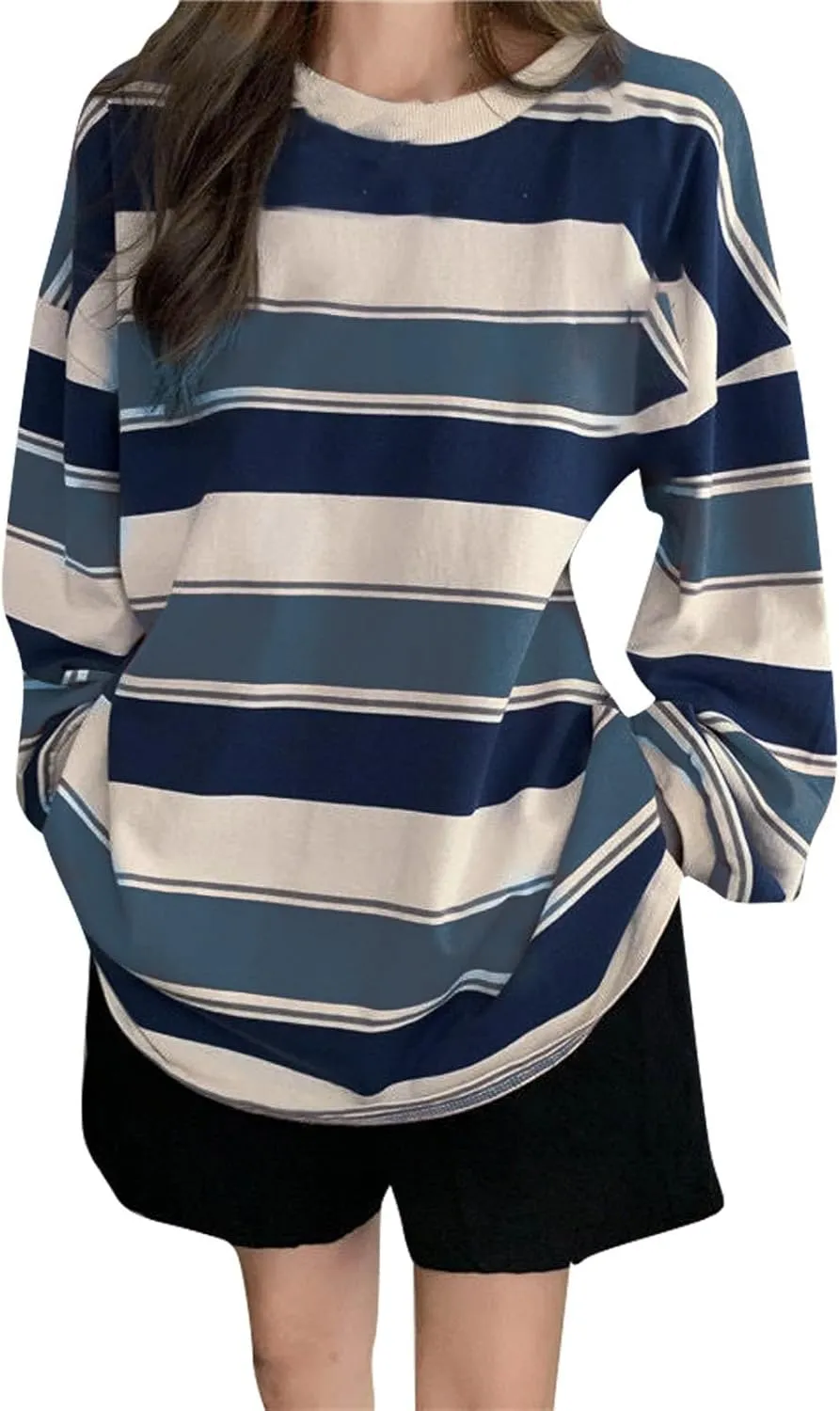 Womens Oversized Sweatshirts Harajuku Baggy Shirts Grunge Tomboy Clothes Stripe Casual Long Sleeve Crewneck Fall Tops