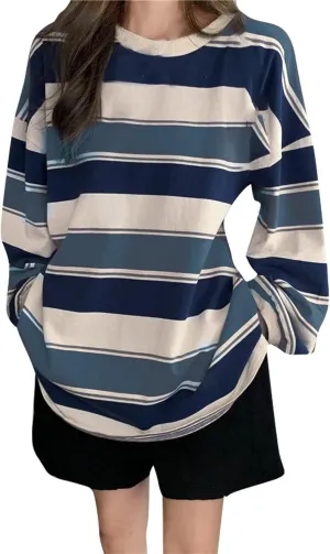 Womens Oversized Sweatshirts Harajuku Baggy Shirts Grunge Tomboy Clothes Stripe Casual Long Sleeve Crewneck Fall Tops