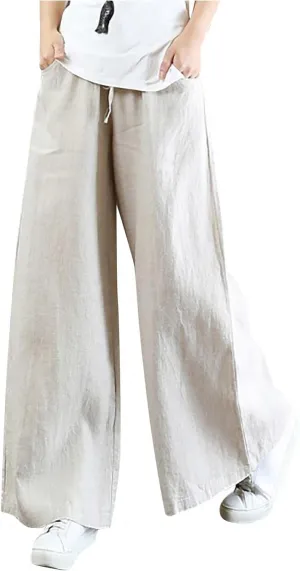 Womens Plus Size High Waist Wide Leg Baggy Cotton Linen Yoga Pants Casual Loose Lounge Palazzo Trousers with Pocket