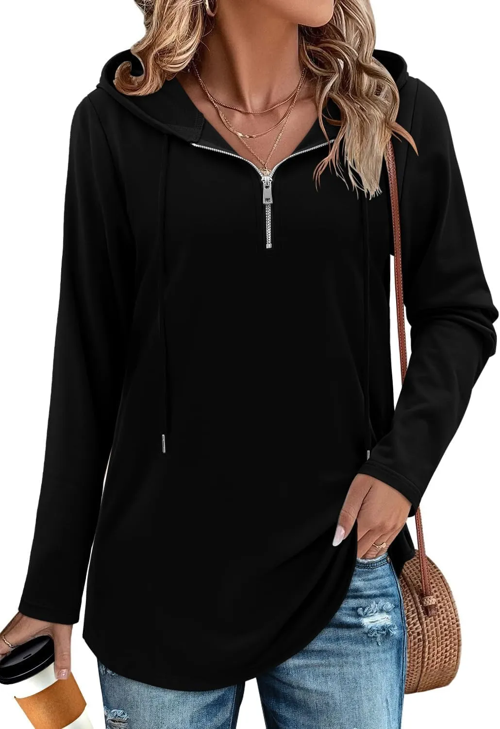 Women's Quarter Zip Tunic Hoodies Pullover Long Hooded Sweatshirts Long Sleeve Tops
