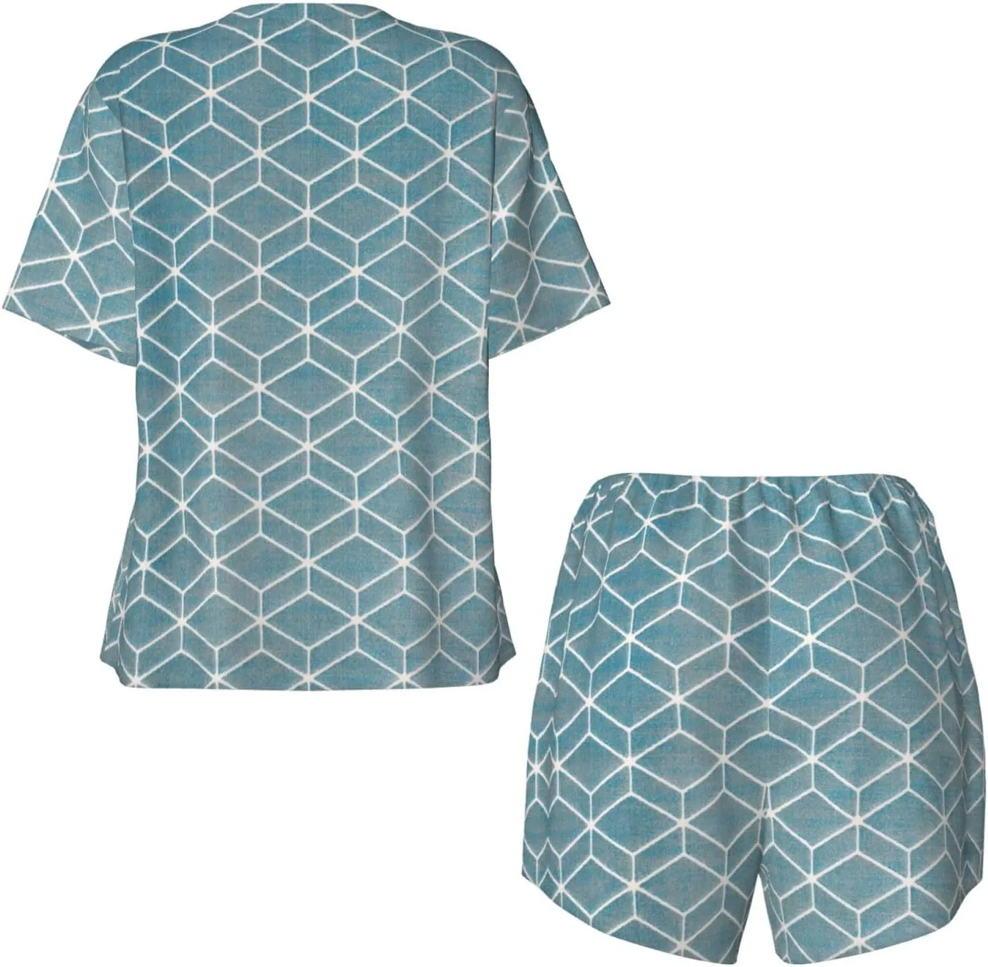 Women's Short-Sleeved Pajama Set - Blue Lattice Print Silky Button Down Loungewear, Comfortable Sleepwear, Casual Wear