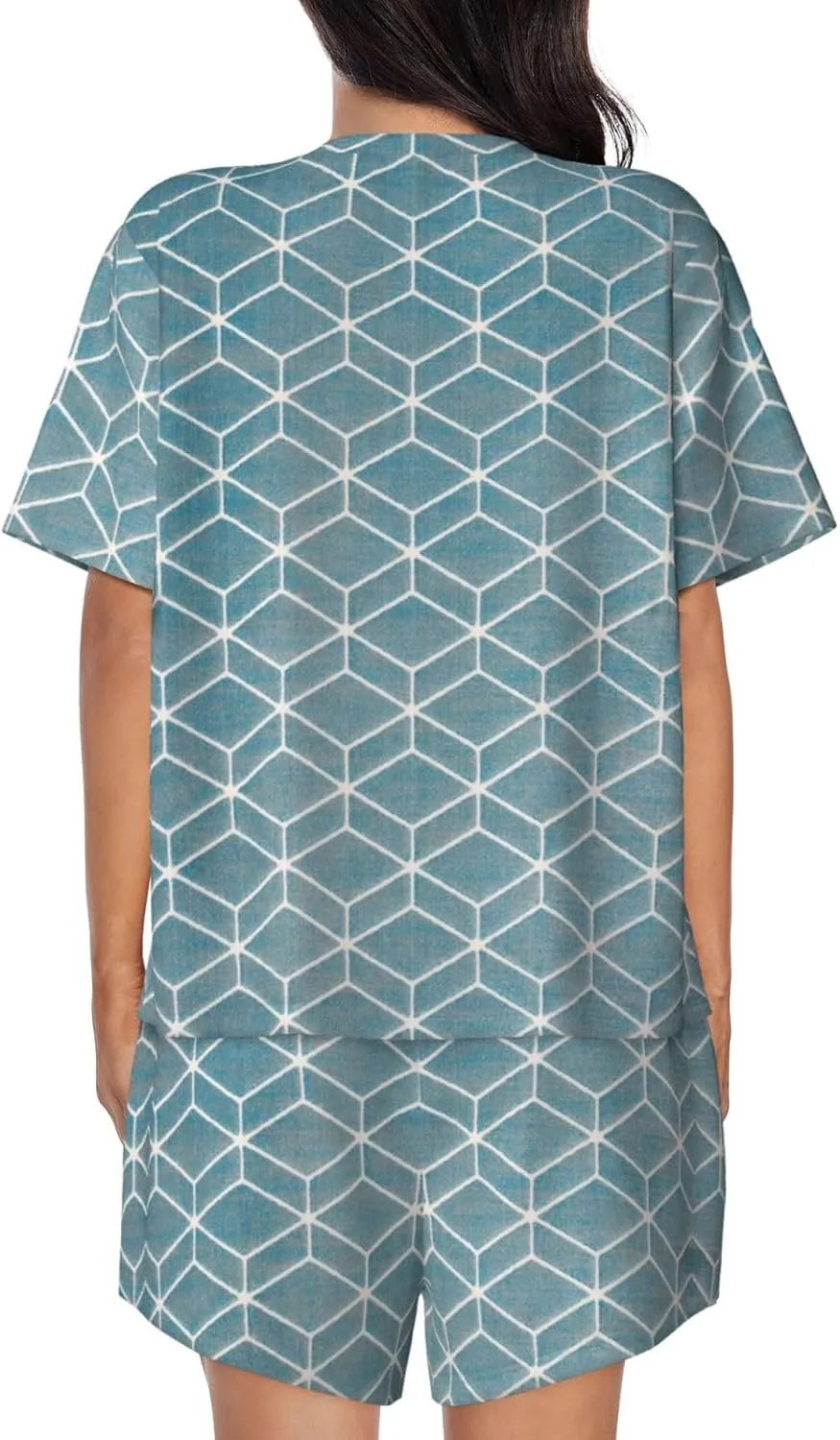 Women's Short-Sleeved Pajama Set - Blue Lattice Print Silky Button Down Loungewear, Comfortable Sleepwear, Casual Wear