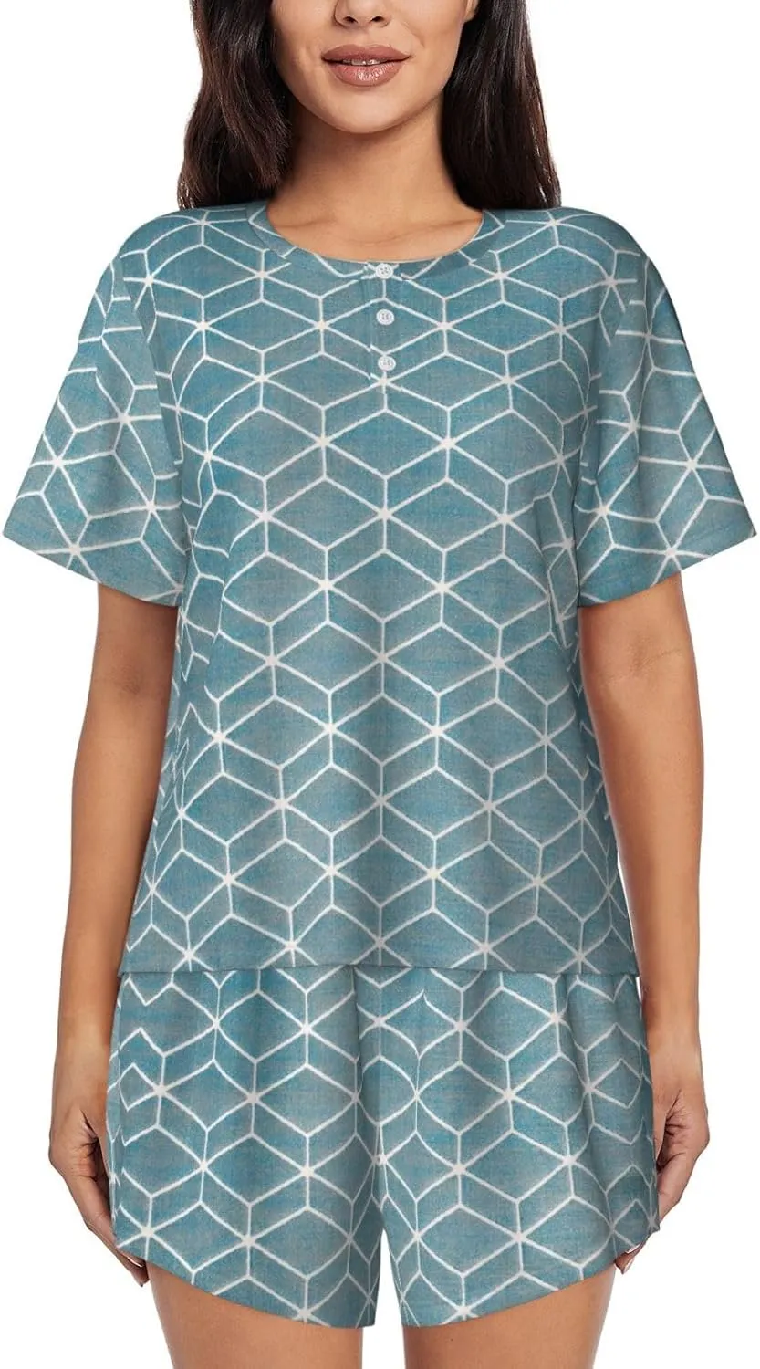 Women's Short-Sleeved Pajama Set - Blue Lattice Print Silky Button Down Loungewear, Comfortable Sleepwear, Casual Wear