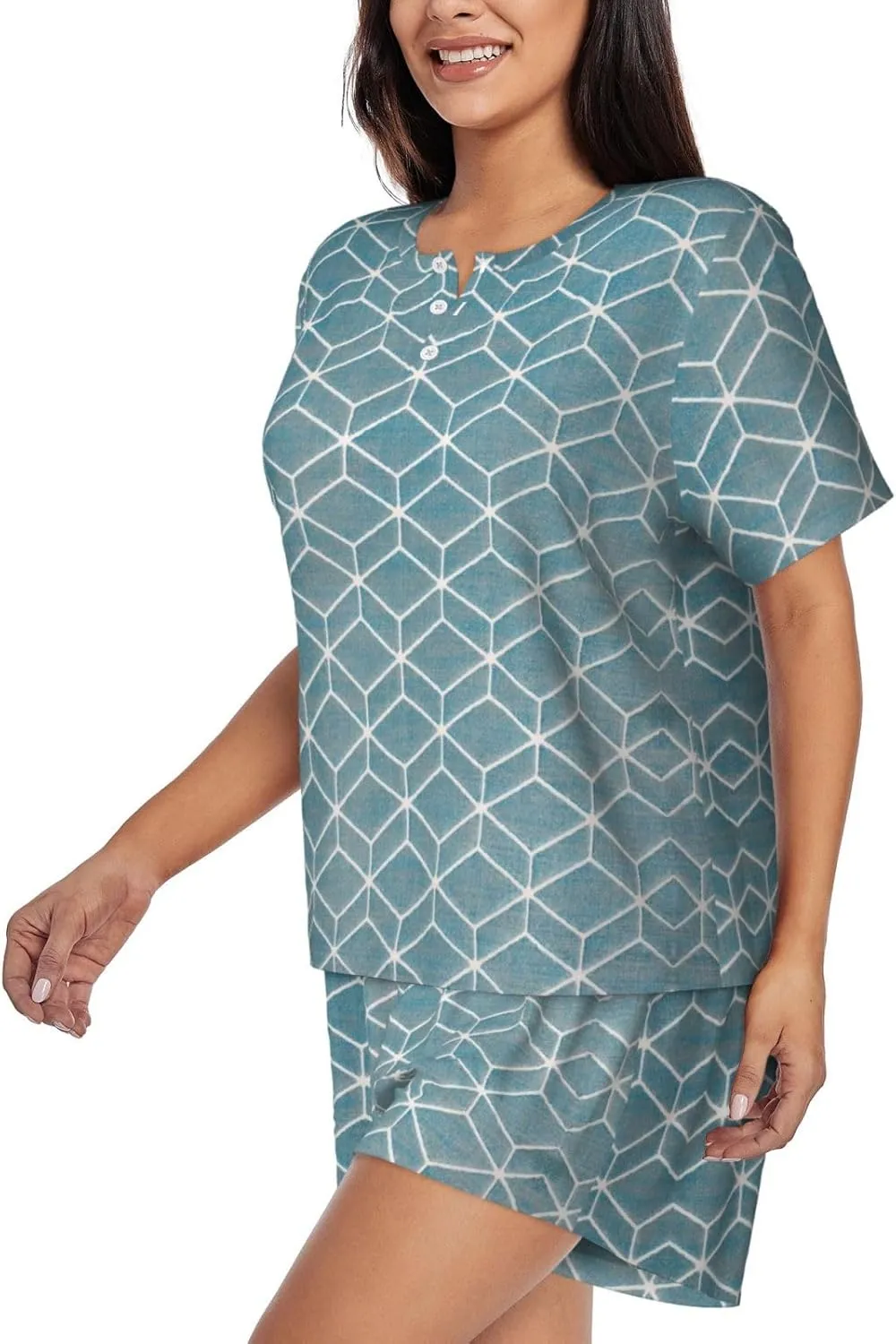 Women's Short-Sleeved Pajama Set - Blue Lattice Print Silky Button Down Loungewear, Comfortable Sleepwear, Casual Wear
