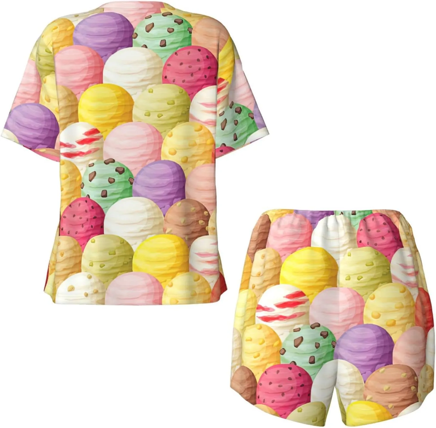 Women's Short-Sleeved Pajama Set - Ice Cream Print Button Down Loungewear, Breathable Sleepwear, Comfortable Casual Wear