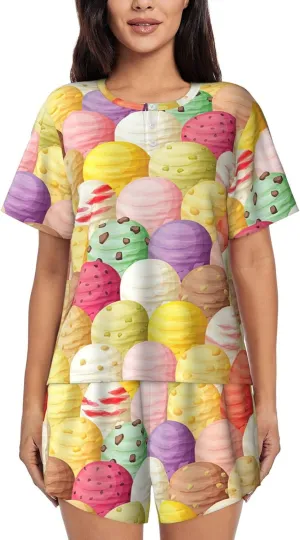 Women's Short-Sleeved Pajama Set - Ice Cream Print Button Down Loungewear, Breathable Sleepwear, Comfortable Casual Wear