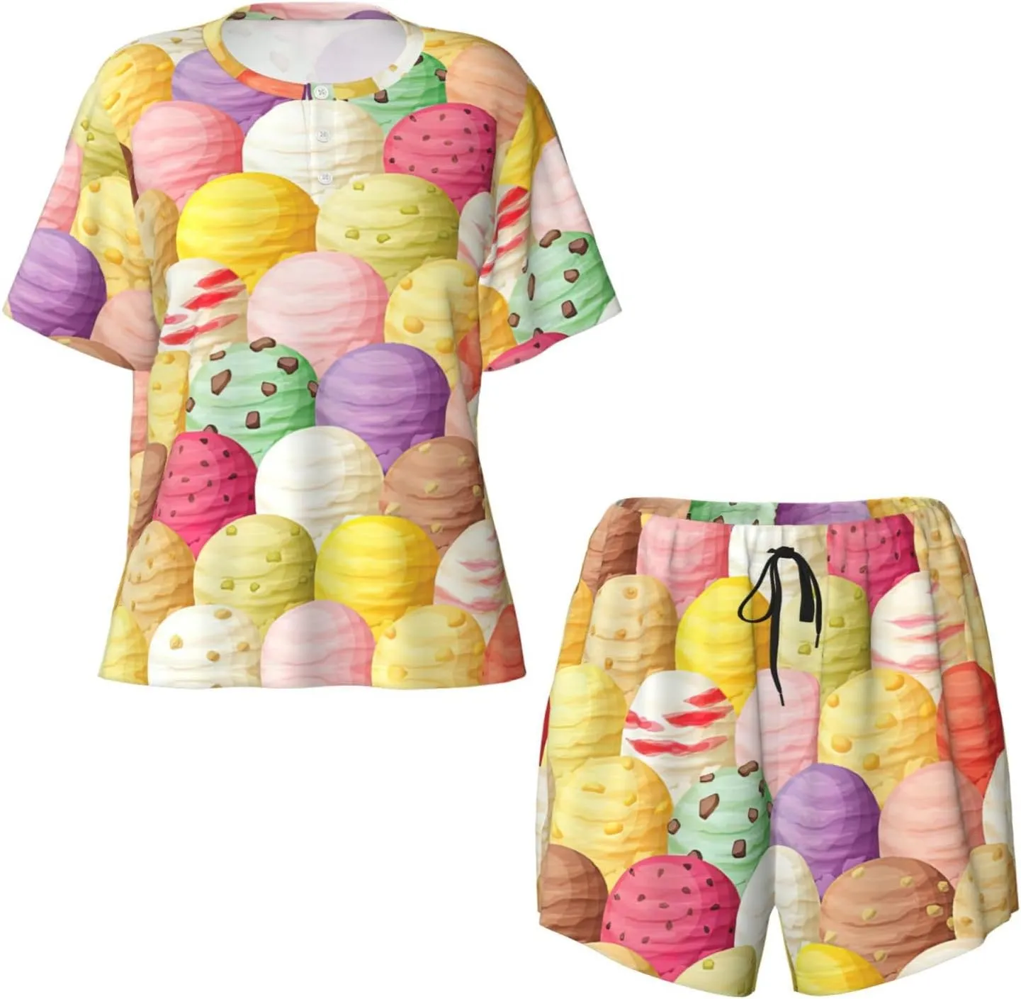 Women's Short-Sleeved Pajama Set - Ice Cream Print Button Down Loungewear, Breathable Sleepwear, Comfortable Casual Wear