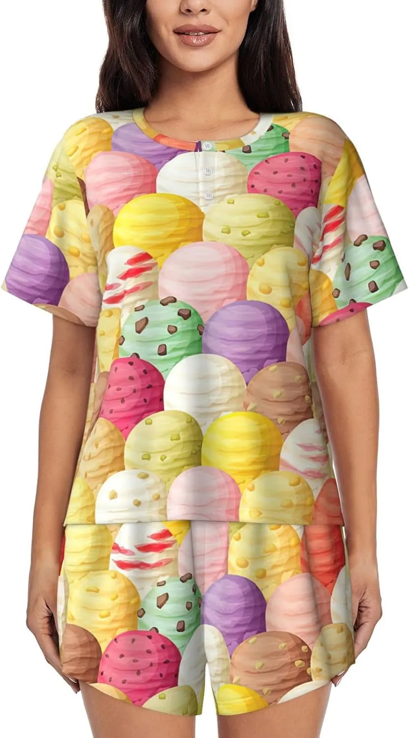 Women's Short-Sleeved Pajama Set - Ice Cream Print Button Down Loungewear, Breathable Sleepwear, Comfortable Casual Wear