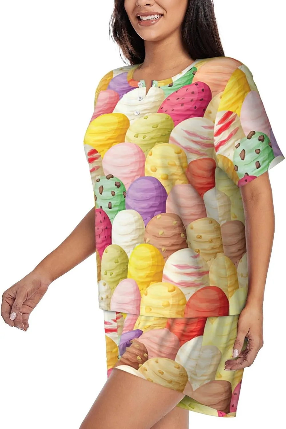 Women's Short-Sleeved Pajama Set - Ice Cream Print Button Down Loungewear, Breathable Sleepwear, Comfortable Casual Wear