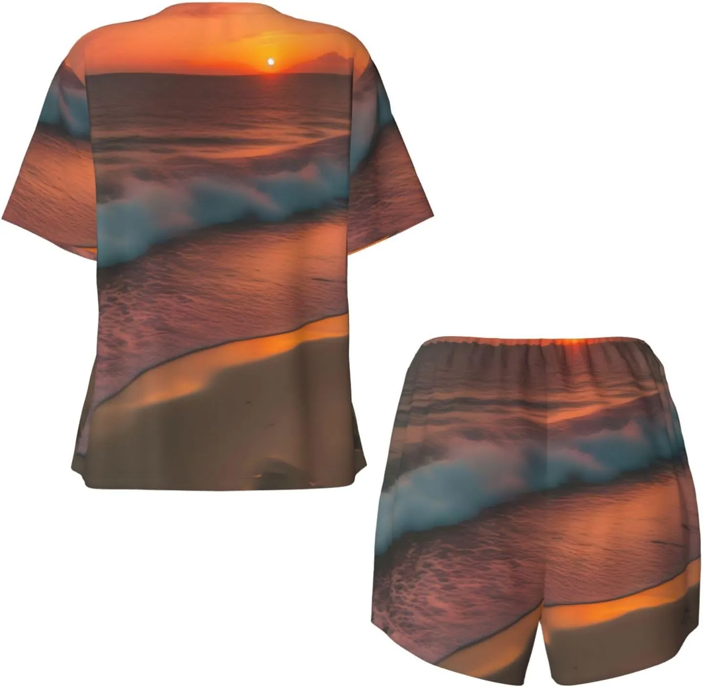 Women's Short-Sleeved Pajama Set - Sunset at The Beach Print Silky Button Down Loungewear, Comfortable Sleepwear, Casual Wear