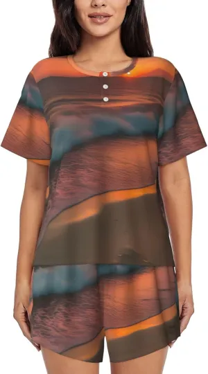 Women's Short-Sleeved Pajama Set - Sunset at The Beach Print Silky Button Down Loungewear, Comfortable Sleepwear, Casual Wear