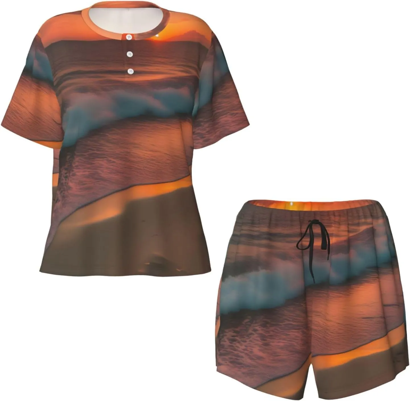 Women's Short-Sleeved Pajama Set - Sunset at The Beach Print Silky Button Down Loungewear, Comfortable Sleepwear, Casual Wear