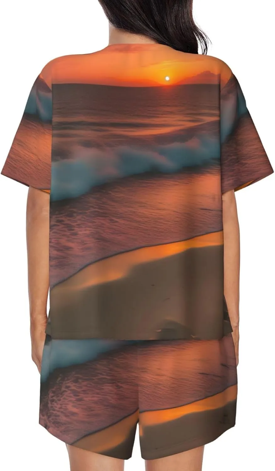 Women's Short-Sleeved Pajama Set - Sunset at The Beach Print Silky Button Down Loungewear, Comfortable Sleepwear, Casual Wear